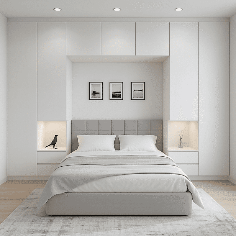 Yatak Üst Dolabı BY090 Modeli - İnci Beyaz High Gloss Kulpsuz Kapaklı Tasarım