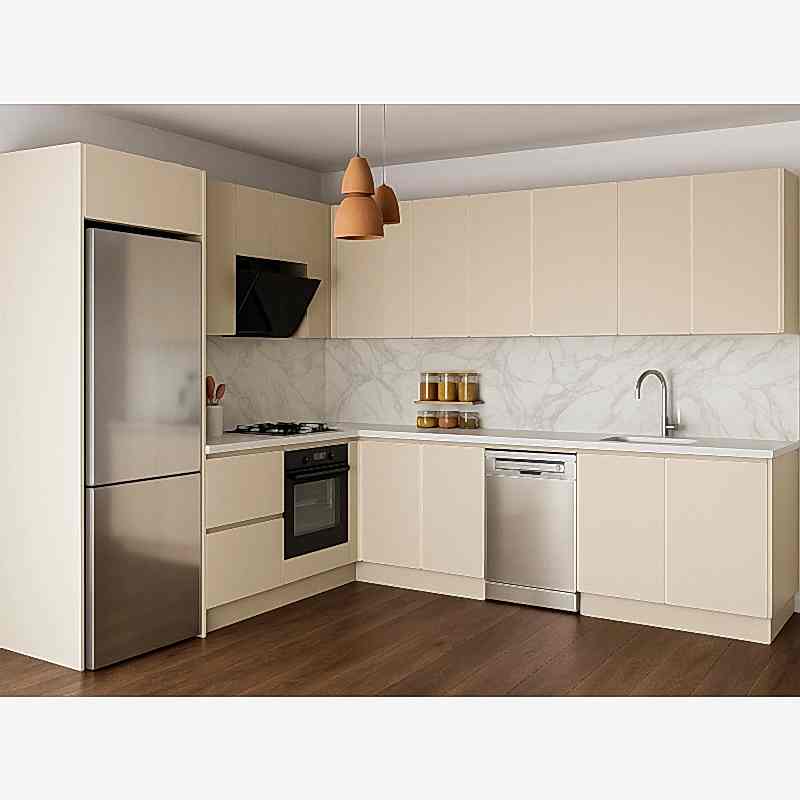 Köşe Mutfak Dolabı – L Şeklinde, Kulpsuz Krem Mdf-Lam Kapak